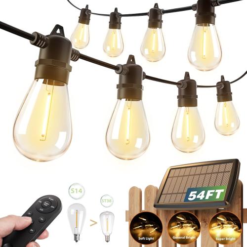 addlon 54FT(48 6) Solar String Lights Outdoor Waterproof with USB Charging & Remote Control - Dimmable Solar Power Patio Lights with LED Bulbs for Porch, Garden, Yard, Market, Bistro - Last for 20 Hrs
