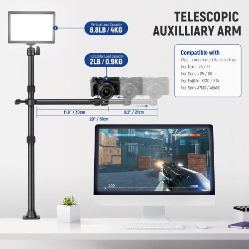 NEEWER TL253A DS001 Table Camera Tripod with 2 Telescopic Arms, Phone Holder, Ball Heads, Screw Adapter, Table Light Stand for Camera, Mobile Phone, Webcam, Ring Light