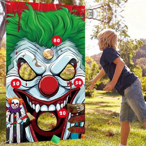 Halloween Carnival Party Games, Clown Toss Games Banner with 4 Bean Bags Set for Indoor Outdoor Toss Across Game for Boys Girls Birthday Party Supplies Decoration Hanging Banner Throwing Game