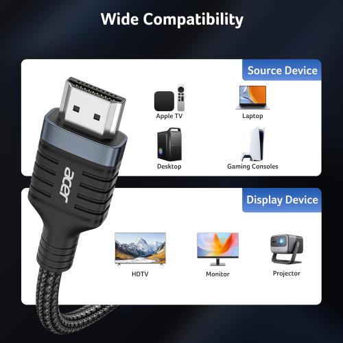 Acer 8K HDMI 2.1 Cable 6.6FT, 48Gbps Ultra High-Speed Braided Cord Supports 8K@60Hz, 4K@120Hz, HDR10 /HDCP 2.2 & ARC/eARC, Certified HDMI Cable Compatible with PS5, PS4, Xbox, Monitors, Laptops, HDTV