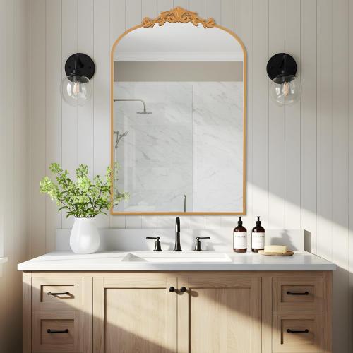 Filigree Arched Wall Mirror 26x38 Retro Wall-Mounted Mirror with Vintage Ornate Carved Applique Hanging Leaning Antique Home Decor Mirror for Fireplace Living Room Entryway Hallway Bathroom, Gold