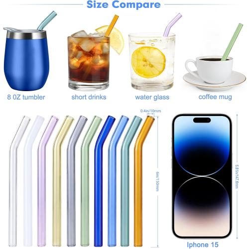 10 Pcs Reusable Bent Short Glass Straws,6''x10 mm Colorful Cocktail Glass Straws Shatter Resistant with 2 Cleaner Brush for Whiskey,Coffee,Juice,Soda Drinks,Teas