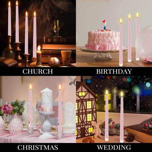 Macarrie 24 Packs Flameless Taper Candles Battery Operated Fake 11 Inch Long Candlelight LED Flameless Candlesticks Flickering Tapered for Christmas Church Prayer New Year Wedding(Pink)