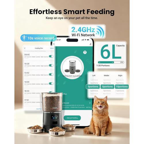 Automatic Cat Feeder for 3 Cats, 6L/25 Cup Cat Food Dispenser with Strong Anti-Jam System, Dual-Effect Desiccant, Smart WiFi App Control Pet Feeder, Automatic Dog Feeder, Gifts for Christmas