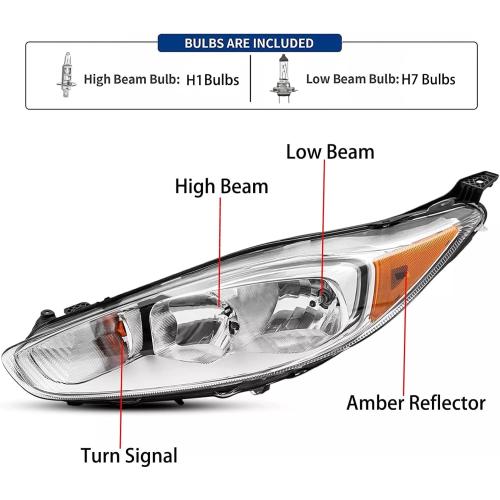 Pair Headlights Assembly With Bulbs For 2014-2019 Ford Fiesta S SE ST Sedan Hatchback Halogen Replacement Front Headlamps Chrome Housing Amber Reflector Clear Lens(LH&RH)