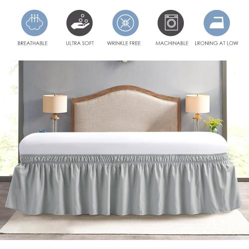 FreshCulture Elastic Wrap Around Bed Skirt - Queen Size, Hotel Quality Dust Ruffle with 15-Inch Tailored Drop (Light Grey)