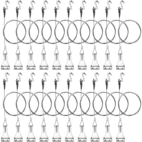 Okllen 20 Pack Picture Rail Hooks and Wire, Picture Rail Hanging System, 3ft Length Picture Hanging Wire with Loop & Adjustable Wire Hooks Kit, Silver