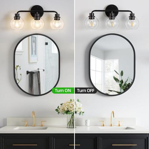 Bathroom Light Fixtures Black Vanity Light, 3 Light Modern Wall Sconces Lighting Bathroom Lights with Globe Clear Glass Shades, Bath Wall Lights Wall Lamp for Mirror Kitchen Living Room Hallway
