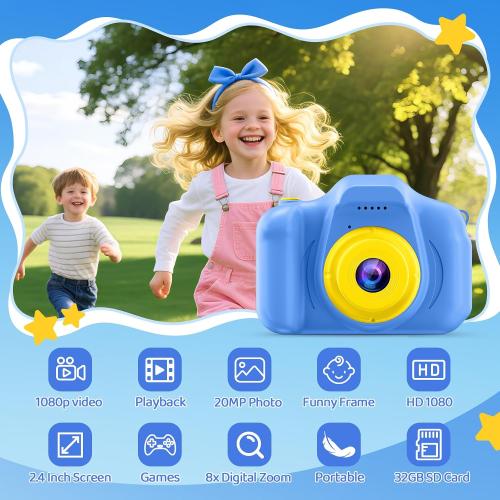 Desuccus Kids Camera Toys Christmas Birthday Gifts for Boys and Girls Kids Toys 3 4 5 6 7 8 9 Year Old HD Digital Video Camera for Toddler with 32GB SD Card (Blue)