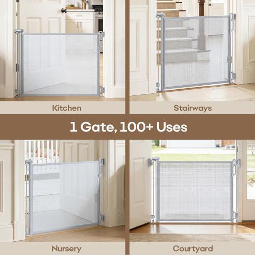 SPACEANY Retractable Baby Gate for Stairs & Doorways - 55 Wide Portable Safety Gate | Fits Baseboards, Easy to Use Indoor/Outdoor | Mesh Gate for Dogs, Puppies, Gray