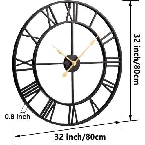 Vantic 32 Inch Large Wall Clock, Roman Numeral Metal Oversized Wall Clocks for Living Room Decor, Bedroom and Kitchen, Completely Silent, Non Ticking, Battery Operated