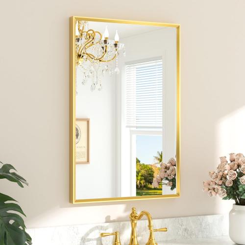 TETOTE Brushed Gold Mirror for Bathroom Sink 24 x 36 Beveled Frame Brushed Gold Brass Vanity Rectangle Mirror for Bathroom Wall, Modern Farmhouse, Tempered Glass, Stronger Frame