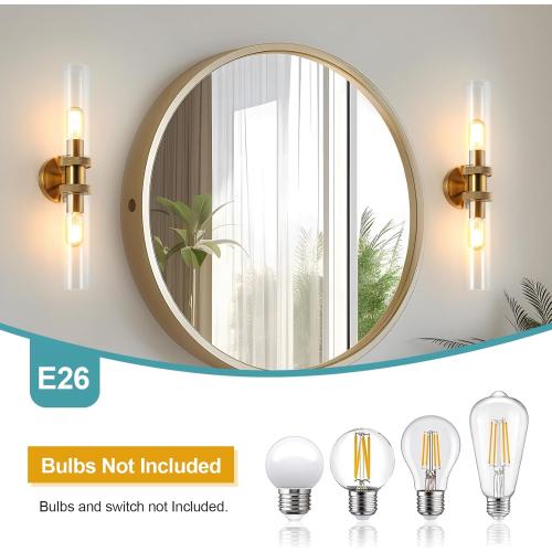 E26 Brushed Brass 2 Light Vanity Lights, Farmhouse Gold Modern Bathroom Wall Lamps with Glass Shade