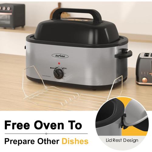 Sunvivi Roaster Oven, Electric Roaster Oven with Viewing Lid, 30lb 26-Quart Turkey Roaster with Unique Defrost/Warm Function, Large Roaster with Removable Pan & Rack, Stainless Steel, Silver
