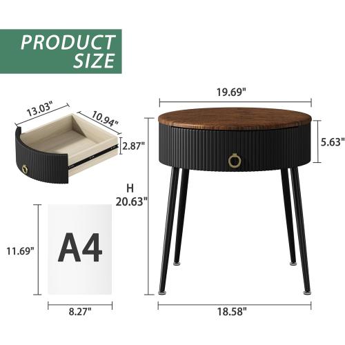 OIOG Side Tables Set of 2, Round Nightstand with Drawer, Modern Bedside End Tables for Small Space, Living Room, Bedroom, Office, Dorm, Rustic Brown and Black