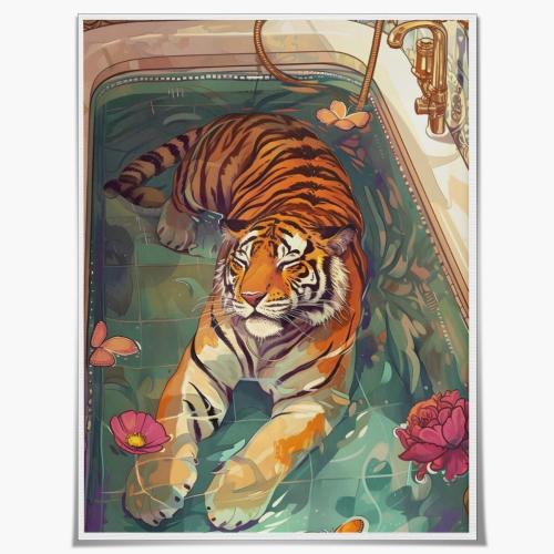 Vintage Whimsical Minimalism Animal Bathroom Art Tiger In Bathtub Poster Canvas Wall Art Living Room Aesthetic Home Decor Bedroom Decoration Gift Posters Unframed12x16inch