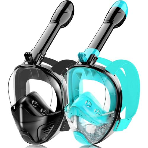 Set of 2 Color Black and Blue Full Face Snorkel Mask for Adults Teen, Snorkeling Gear with Detachable Camera Mount,Panoramic 180° View, Anti-Fog Anti-Leak Snorkling Set for Man and Women