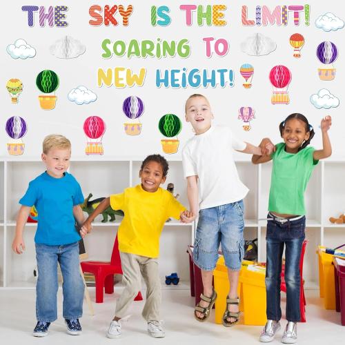 Crtiin 3D Hot Air Balloon Honeycomb Bulletin Board Set for School Classroom Decoration, Balloon Artcraft Cutouts with Honeycomb for Back to School Kindergarten Decor The Sky Is The Limit (Cute)