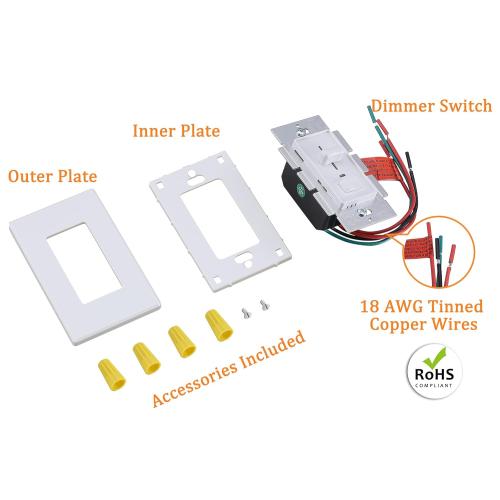 Cloudy Bay in Wall Dimmer Switch with Green Indicator,for LED Light/CFL/Incandescent,3-Way Single Pole Dimmable Slide,600 Watt max,Cover Plate Included,White,2 Pack