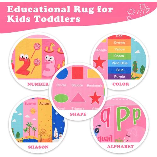 Pink Kids Rug for Playroom Classroom, ABC Alphabet Numbers Play Toddlers Rugs, Learning Educational Bedroom Floor Mat, Washable Baby Carpet for Girls Room, Nursery, Preschool, Daycare
