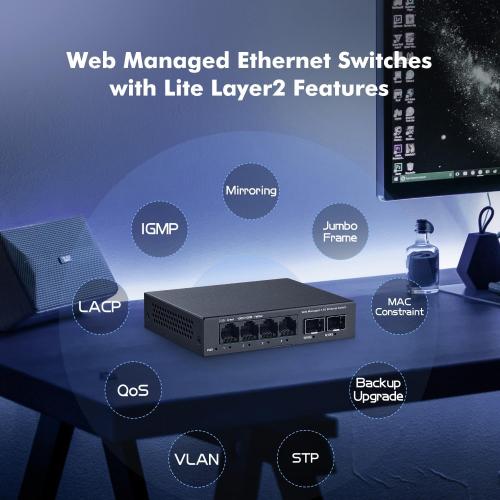 Black 6 Port 2.5G Managed Switch, 4 x 2.5Gbps Base-T Ports and 2 x 10G SFP  Slot, Support LACP/QOS/VLAN/IGMP, Mini Metal Fanless YuLinca 2.5Gb Easy Web Wallmount Switch