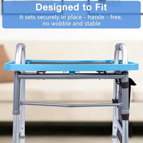 Walker Tray for Seniors with Dual Cup Holders & Side Pouch (Blue) | Durable Food & Drink Table, Lightweight with Non-Slip Pad, Compatible with Walker of 10210-1 Model