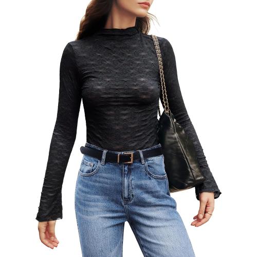 Size M MIHOLL Womens Lace Tops Long Sleeve Mesh Sheer Tops Mock Neck See Through Floral Shirt Blouses