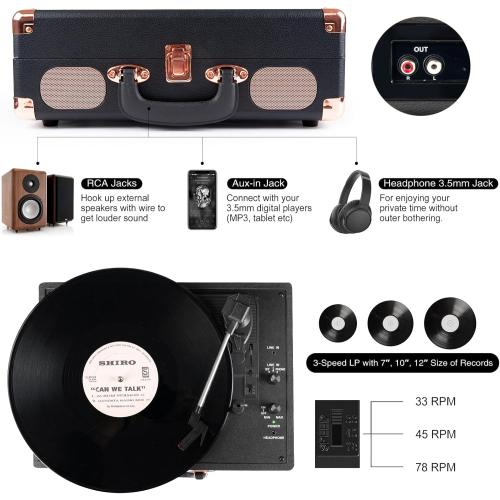 Record Player Wireless Portable Suitcase Vinyl Player with Built-in Speakers Retro Style Record Player for Vinyl Records 3-Speed RCA Line Out AUX in Vintage Turntable Upgrade Black