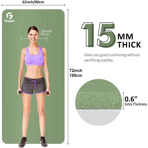 Gruper Yoga Mat Non Slip NBR Extra Thick Yoga Mat, 72L x 32/24W x 0.6/0.4TH (185cm x 80cm/61cm x 15mm/10mm), Anti-Tear Exercise Mat with Carrying Strap and Bag, Workout Mats for Yoga, Pilates