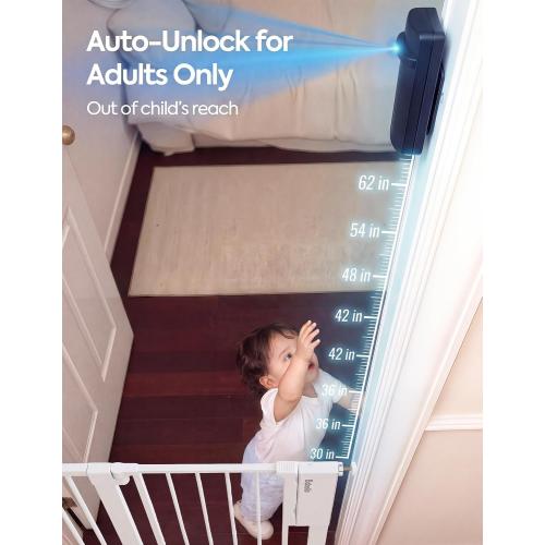 Babelio Smart Baby Gate with Auto-Unlock/Close, Pressure Mounted No Drill for Doorways/Top of Stairs. Pet/Dog Door Wide Walk Thru w/Infrared Sensor & Instant Safety Alert (White, 26.3-37.8 W, 30 H)
