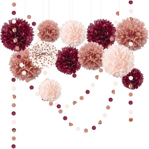NICROLANDEE Bachelorette Party Decorations 15Pcs Burgundy Tissue Pom Poms
