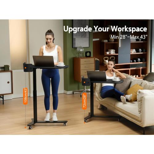 Rolling Adjustable Height Desk with Drawer and Wheels, Portable Small Standing Desk Pneumatic for Home Office, Mobile Computer Laptop Cart, Medical Sofa Overbed Table, Black