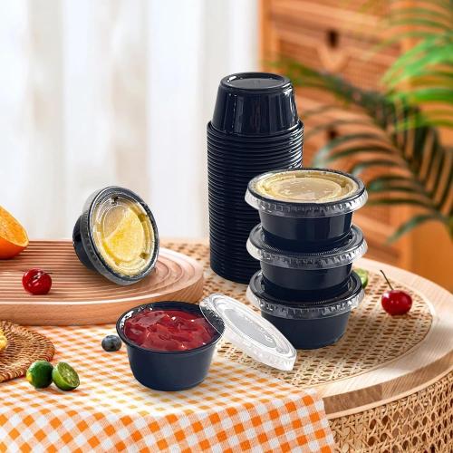 2oz Black Condiment Cups with Lids, (50 Pack) Jello Shot Cups, Dipping Sauce Cups, Portion Containers with Lids Ideal for Sauces