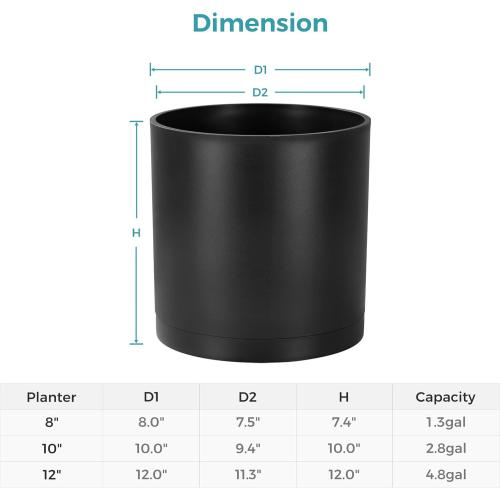 FaithLand 10-Inch Modern Cylinder Planter, Thick-Walled Plastic Plant Pot with Drainage Holes and Detachable Saucer, Matte Black, Ideal for Indoor & Outdoor Plants Flowers