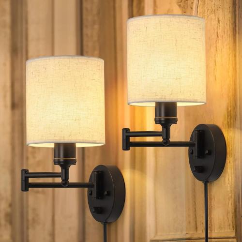 Set of 2 CADUKE Plug in Wall Light Set of 2, Swing Arm Wall Lamps, Modern Bedroom Wall Sconce Fixtures with Linen Lampshade for Reading Hallway Living Room