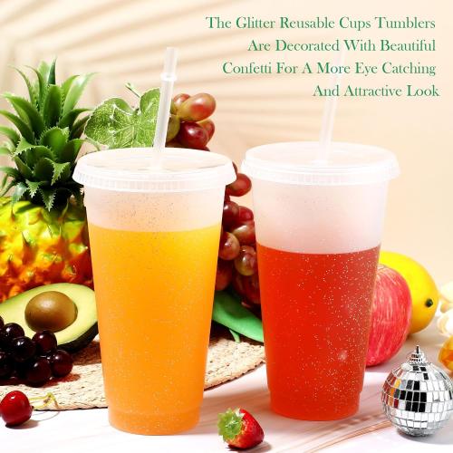 Roshtia 24 Pack Plastic Tumblers with Lid and Straw Reusable Cups Bulk Water Bottles Iced Coffee Travel Mug Cup for Birthdays Party Juices Adults Kids (24 OZ, Clear)