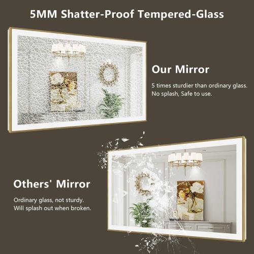 48x32 Inch LED Bathroom Mirror with Lights (Front Lit and Backlit) Gold Framed Lighted Vanity Mirror for Bathroom Wall Dimmable Anti-Fog Memory Tempered Glass Horizontal/Vertical