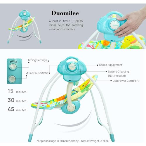 Blue Portable Baby Swings for Infants to Toddler, Compact Automatic Baby Swing with Music, Soothing Baby Swing with Adaptable Speed, Cute Elephant Swing for Baby, 6-25 lbs 0-9 Months