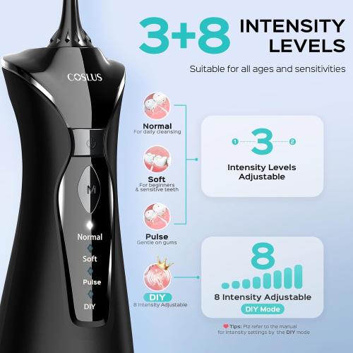 COSLUS C30 Water Dental Flosser Pick for Teeth: 4 Modes Cordless Portable 300ML Larger Tank Water Teeth Cleaner IPX7 Waterproof Flossing Cleaning Picks for Home Travel Black