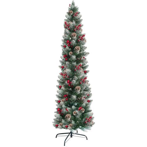 6ft Pencil Christmas Tree, Artificial White Spraying Snow Flocked tree- Partially Flocked & Frosted Slim Holiday Tree Decoration, Skinny Xmas Tree, 316 Frosted Tips, 30 Pine Cones 30 Red Berries