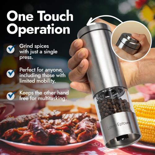 Electric Salt & Pepper Grinder Set – Battery Operated Stainless-Steel Mills & Shakers with Light, Adjustable Ceramic Grinders & Acrylic Rest Tray