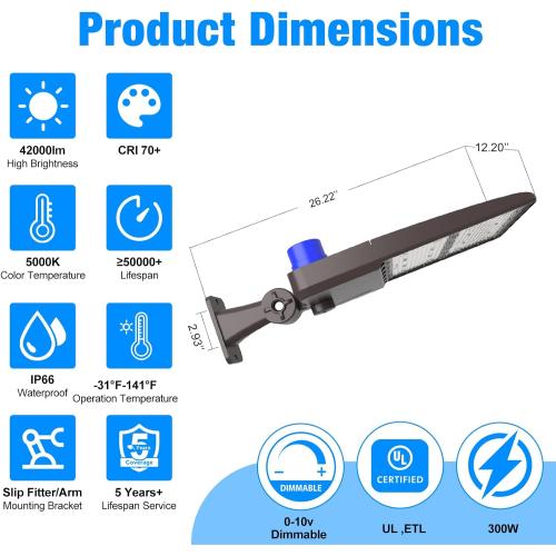 LED Parking Lot Light 300W, UL Listed 42,000LM 5000K Shoebox Light with Dusk to Dawn Photocell,Adjustable Arm Mount, IP66 Waterproof, Commercial LED Area Security for Parking Lot,Roadway,2PACK