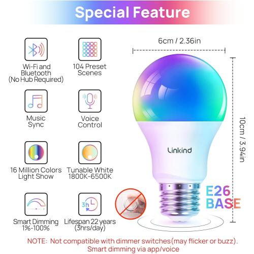 Linkind Smart Light Bulbs, Smart Bulb That Work with Alexa & Google Home, LED Light Color Changing, A19 E26 WiFi Light Bulb Dimmable, RGBTW Alexa Bulb No Hub Needed 800 Lumen, 2.4Ghz WiFi, 6 Pack