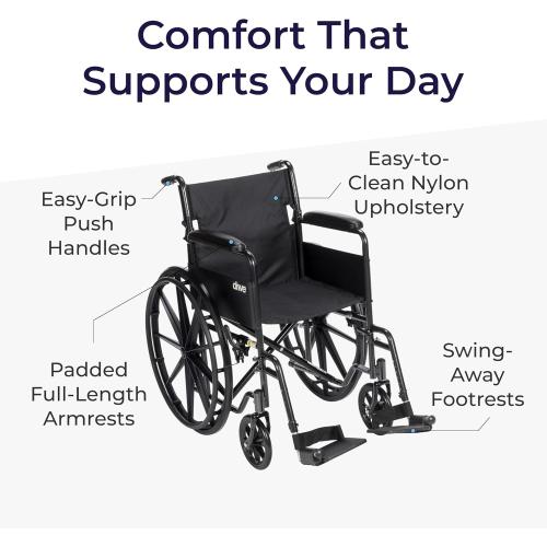 Drive Medical Silver Sport 1 Folding Transport Wheelchair - Lightweight Mobility Support - Full Armrests - Removable Swing-Away Footrests - Durable Steel Construction - Compact Folding Frame - Black