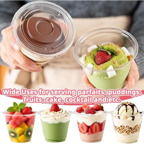 50 Packs 9oz Disposable Dessert Cups with Lids No Hole, Clear Plastic Cups with Lids for Ice Cream, Cake, Snacks, Fruit, Cold Drinks, Smoothie, Pudding, Salad