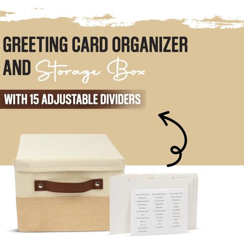 Greeting Card Organizer Box with 15 Dividers | Holds 150  and Collapses When not in Use | Stylish Greeting Card Storage Box Organizer