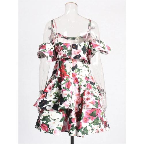 Women's XL Floral Printing Mini Dress Square Collar Sleeveless High Waist Ruffles Dresses