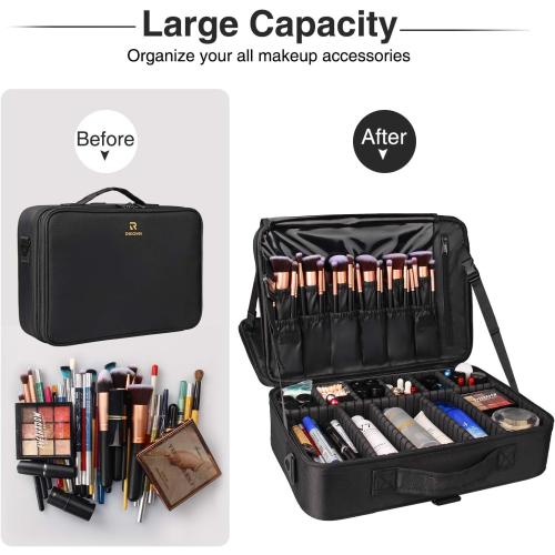Relavel Makeup Case Large Makeup Bag Professional Train Case 16.5 inches Travel Cosmetic Organizer Brush Holder Waterproof Makeup Artist Storage Box, 3 Layer Large Capacity, with Adjustable Strap