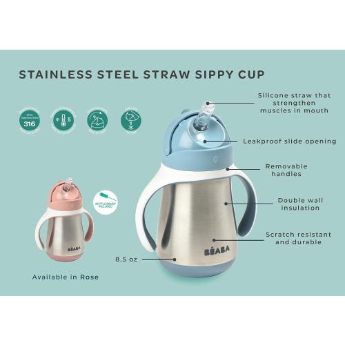 Beaba Stainless Steel Straw Sippy Cup, Insulated Toddler Cups Spill Proof with Removable Handles, Made with High Grade Stainless Steel, 8  months, 8.5 oz (Rain)