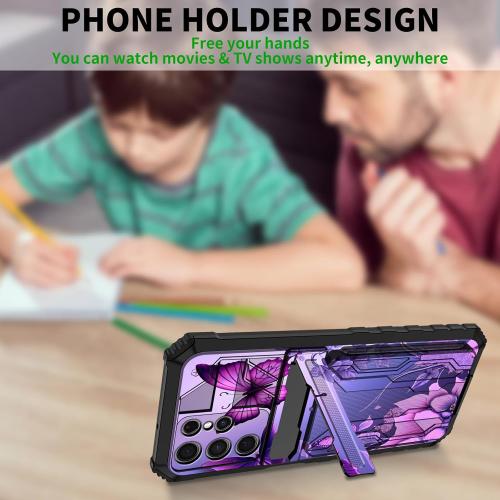 for Samsung Galaxy S24 Ultra Case Wallet Case with Credit Card Holder & Kickstand Dual Layer Hard PC Soft TPU Protective Cover for Galaxy S24 Ultra 6.8 inch - Pink Flowers Purple Butterflies
